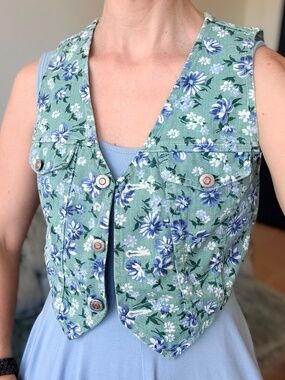 Vintage Denim Vest Cropped Mint Blue Floral Print Small 90s Wet Seal Cottagecore
